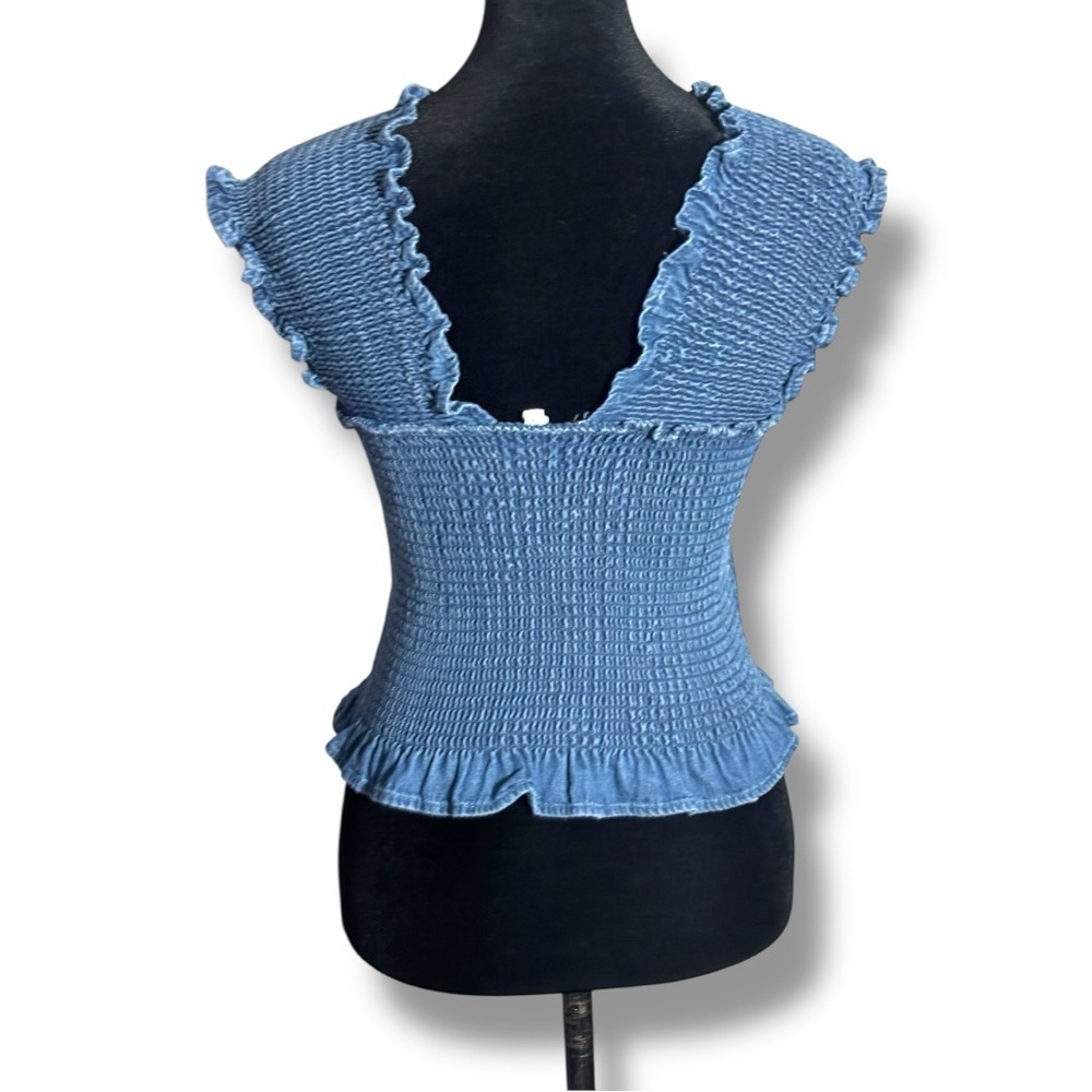 Unbranded Funky Denim Blue Smocked Women's Sleeveless Cropped Rouched Top - Picture 5 of 16